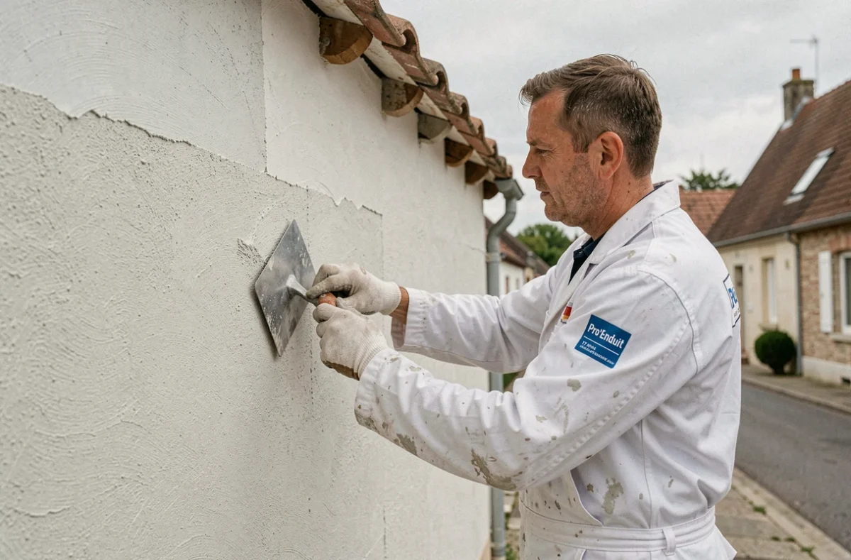 Artisan de Pro'Enduit 17 appliquant un enduit sous toiture sur une maison en Vendée