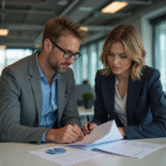 Homme et femme en réunion dans un bureau moderne