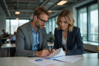 Homme et femme en réunion dans un bureau moderne