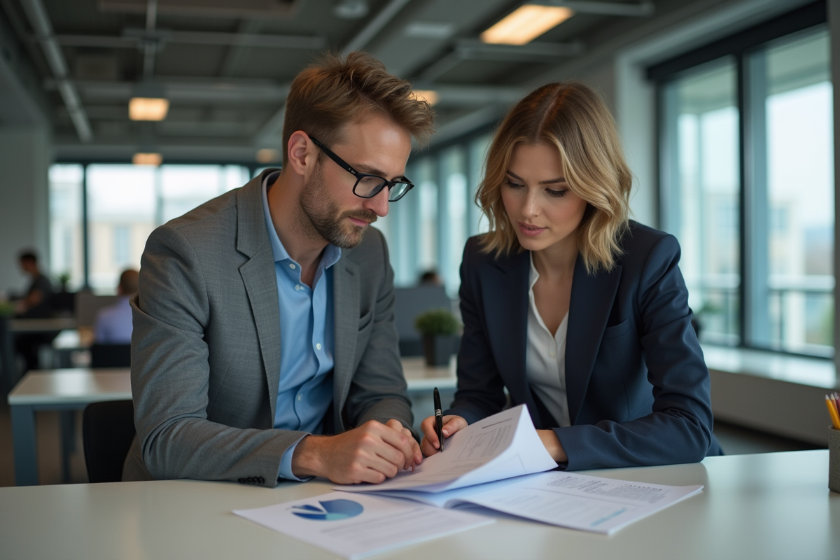 Homme et femme en réunion dans un bureau moderne