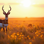 Pronghorn dans une prairie au lever du soleil avec fleurs sauvages