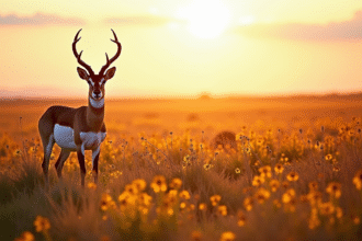 Pronghorn dans une prairie au lever du soleil avec fleurs sauvages