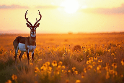 Pronghorn dans une prairie au lever du soleil avec fleurs sauvages