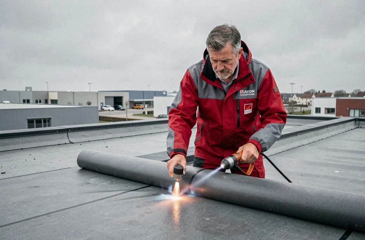 Couvreur de Rayon Couverture appliquant une membrane d'étanchéité sur un toit plat en Vendée