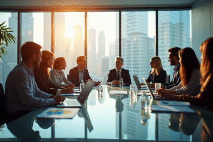 Groupe de professionnels en réunion dans une grande salle moderne