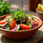 Salade morocaine traditionnelle dans un bol en céramique avec légumes frais