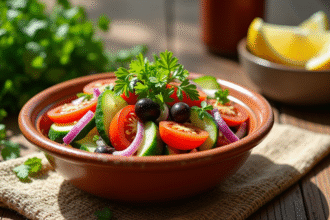 Salade morocaine traditionnelle dans un bol en céramique avec légumes frais