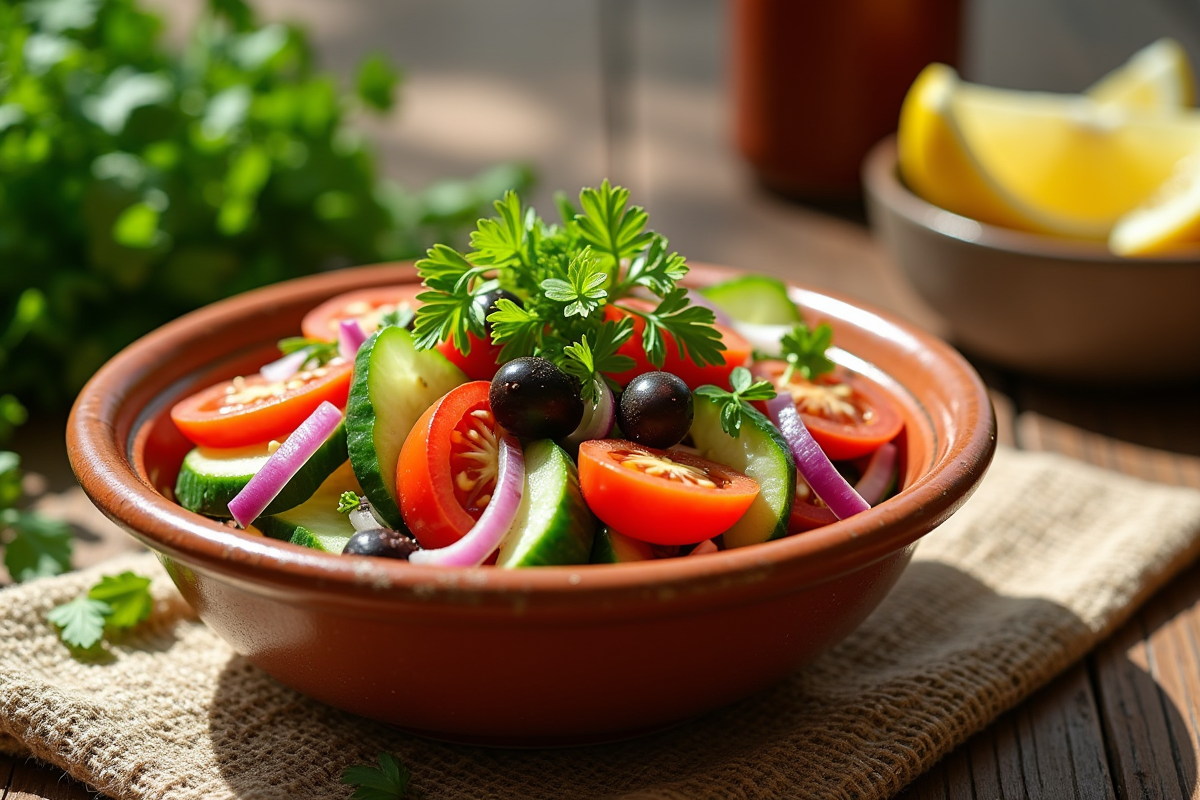 Salade morocaine traditionnelle dans un bol en céramique avec légumes frais