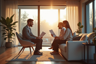 Salon moderne lumineux avec agent immobilier et couple