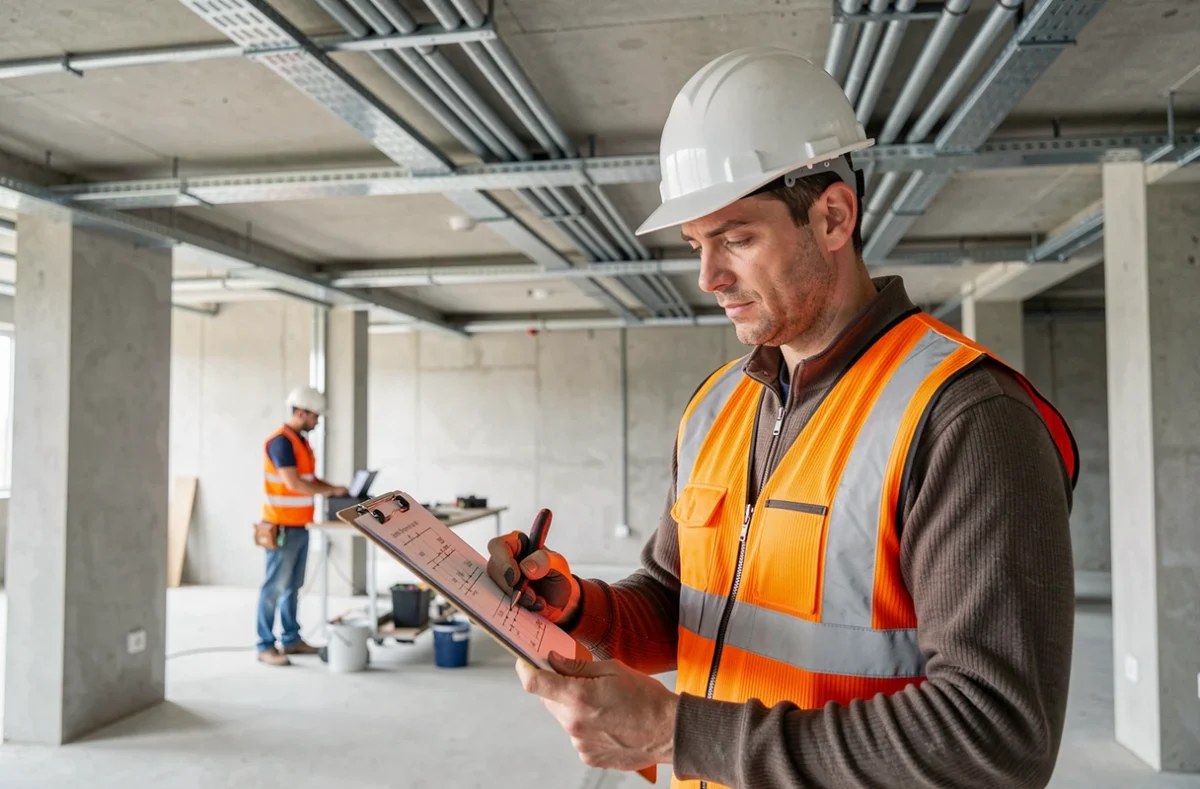 Électricien SC Electricité en gilet haute visibilité consultant un schéma technique dans un bâtiment commercial en construction