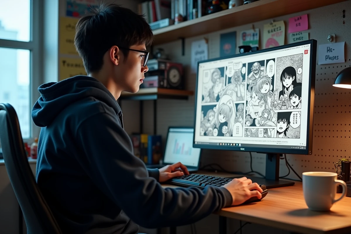 Homme avec lunettes consultant un scan manga haute définition sur grand écran dans un bureau dédié aux mangas