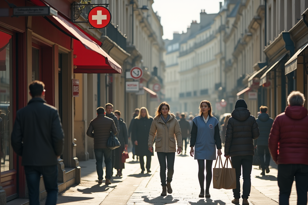 Scène de rue en France avec infirmière et notaire en extérieur
