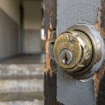 Gros plan sur une serrure de porte d'appartement forcée après un cambriolage, métal rayé et bois éclaté autour de la gâche