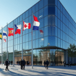 Siège d'une banque moderne avec drapeaux internationaux