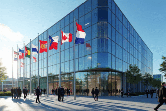 Siège d'une banque moderne avec drapeaux internationaux