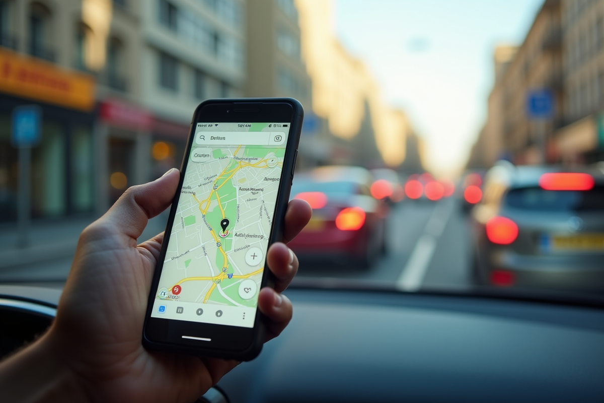 Main tenant un smartphone avec carte de trafic en ville