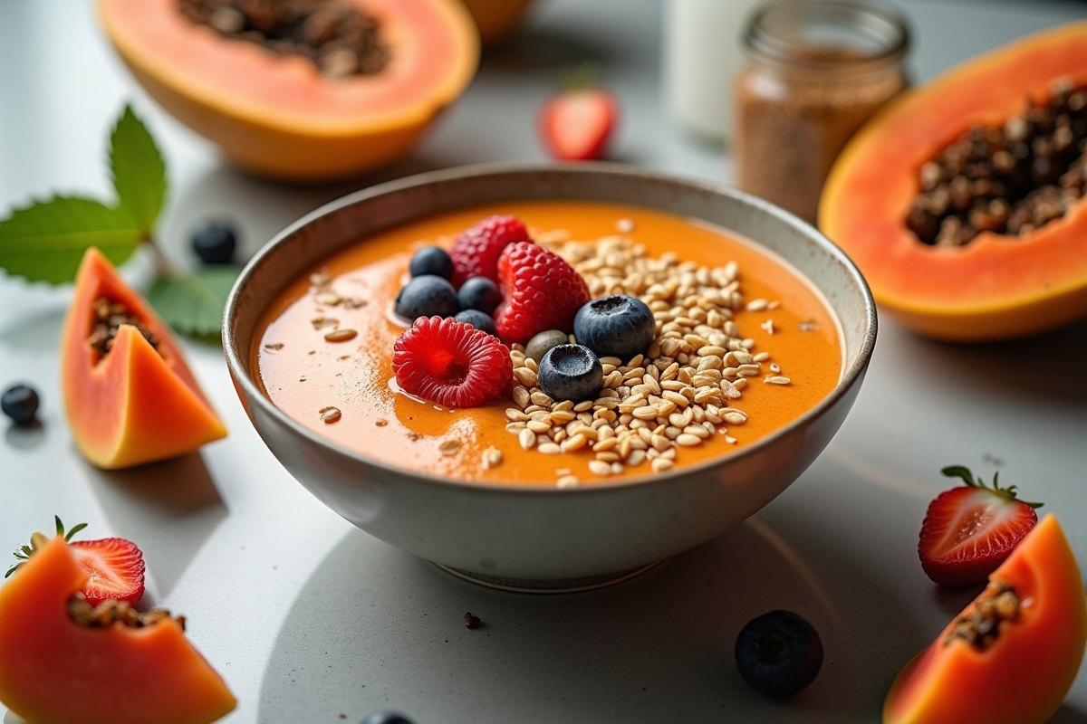 Bol de smoothie à la papaye avec graines et fruits frais