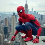 Cosplayeur déguisé en Spider-Man accroupi sur un toit en ville, costume rouge et bleu avec textures réalistes