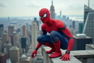Cosplayeur déguisé en Spider-Man accroupi sur un toit en ville, costume rouge et bleu avec textures réalistes