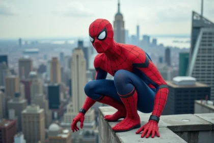 Cosplayeur déguisé en Spider-Man accroupi sur un toit en ville, costume rouge et bleu avec textures réalistes