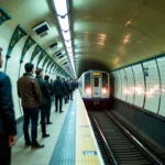 Quai animé d'une station du métro parisien ligne 4 avec passagers et rame arrivant