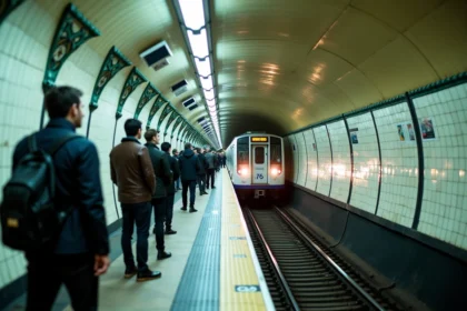 Quai animé d'une station du métro parisien ligne 4 avec passagers et rame arrivant