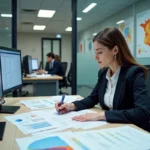 Statisticienne de l'INSEE annotant des rapports démographiques sur un bureau couvert de données et graphiques dans un bureau institutionnel moderne