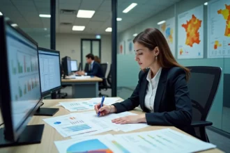 Statisticienne de l'INSEE annotant des rapports démographiques sur un bureau couvert de données et graphiques dans un bureau institutionnel moderne