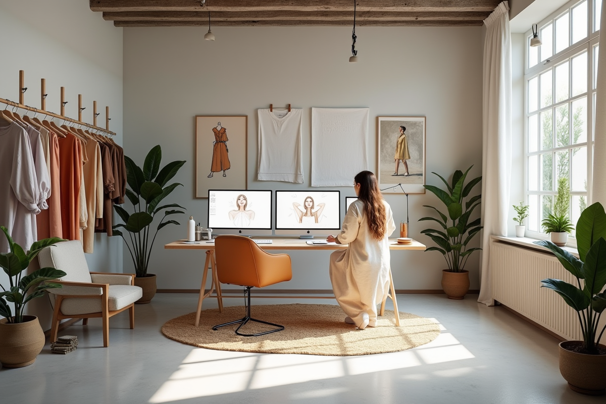 Studio de mode avec tissus écologiques et esquisses numériques