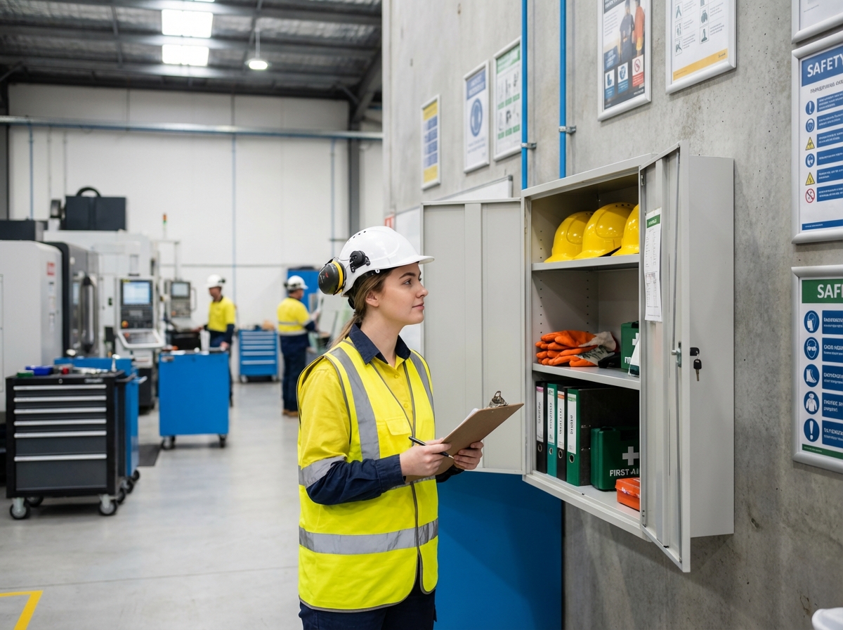 Femme inspectant un casier de sécurité industriel