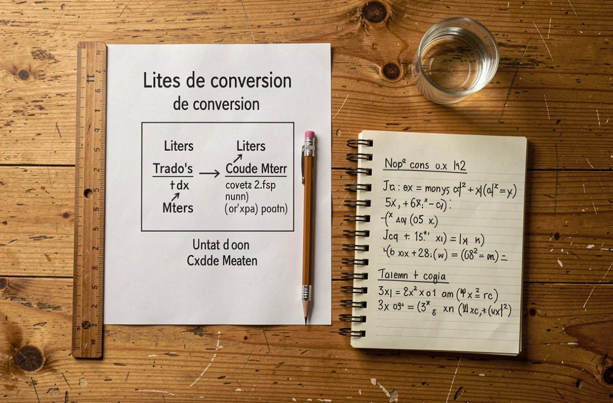 Tableau de conversion litres m3 posé sur un bureau en bois avec règle et carnet de notes