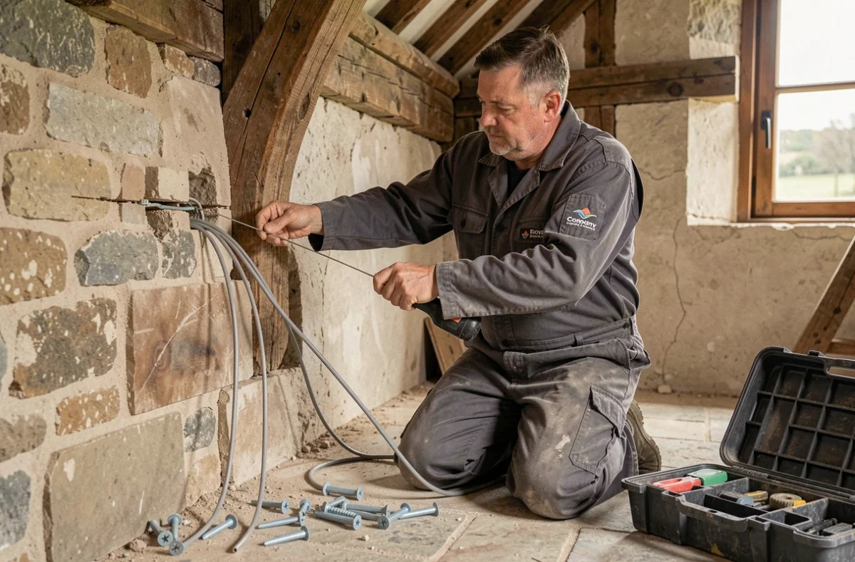 Artisan de TEC RENOV 60 rénovant l'installation électrique dans une ancienne maison en pierre de l'Oise