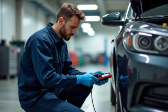Technicien automobile connecte un scanner au véhicule
