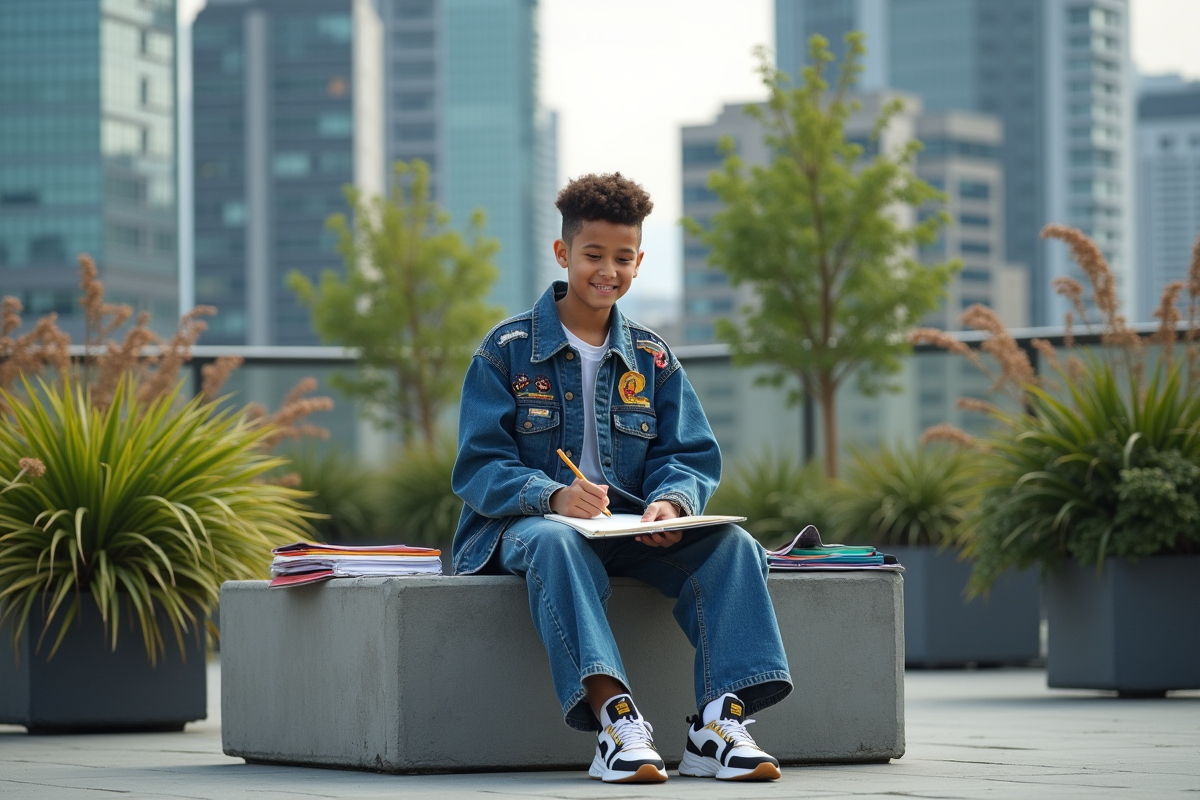 Jeune designer nonbinaire en rooftop urbain avec veste oversized