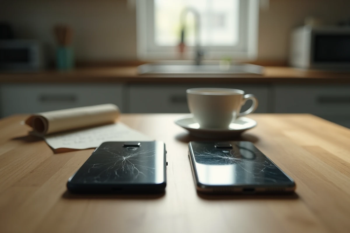 Deux téléphones abandonnés sur une table avec un mot écrit à la main symbolisant une amitié abandonnée
