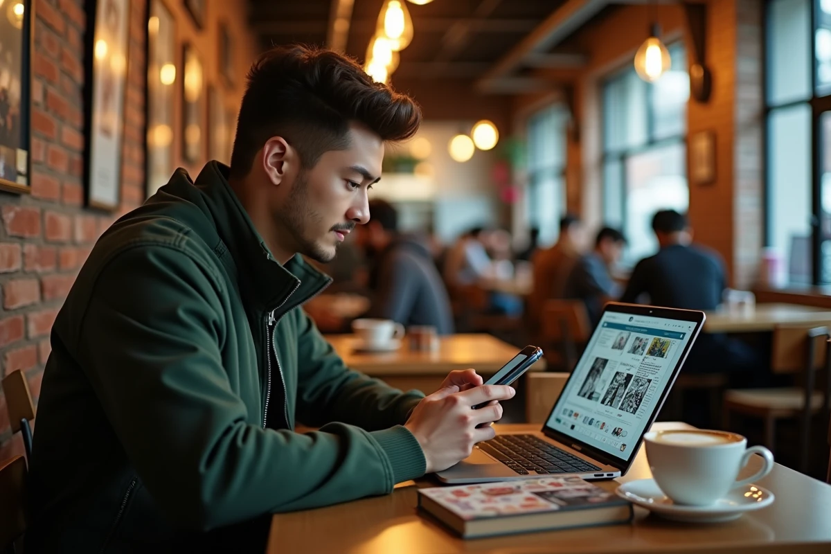 Homme dans un café utilisant un ordinateur portable et un smartphone pour suivre les scans et la veille des nouveaux chapitres de One Piece