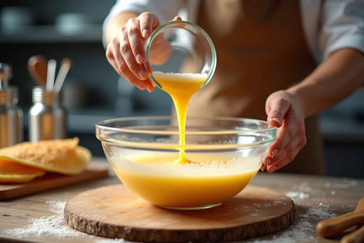 Chef verse de la bière dans un bol de pate a crepes en cuisine